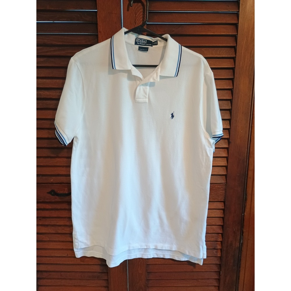 Polo Ralph Lauren Custom Fit White Polo Shirt Men's XL Short Sleeve Blue Stripes